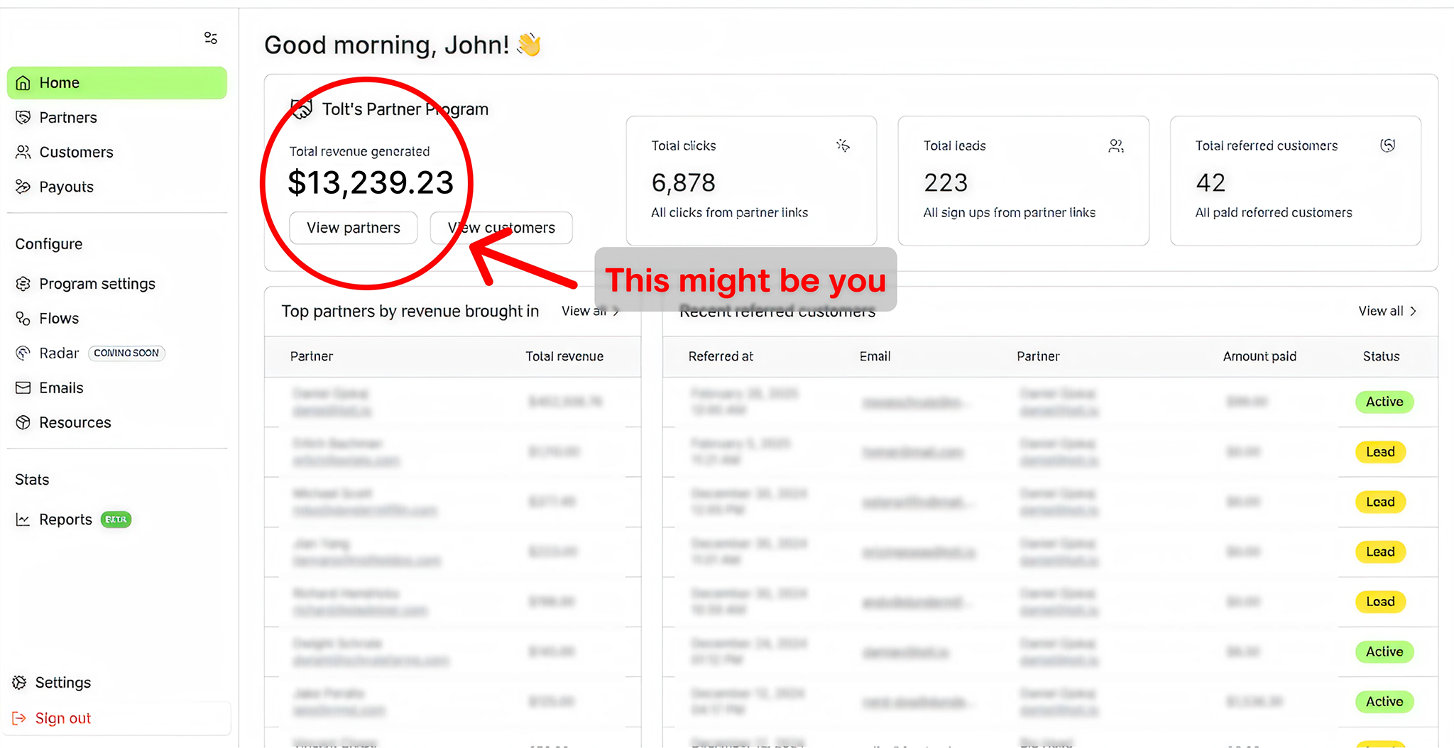 Tolt's affiliate partner dashboard — total revenue, clicks, leads, and referred customers